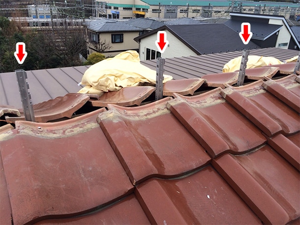 東京都杉並区、和型の釉薬瓦の屋根の棟の取り直し、ガイドライン鉄筋工法、安心で確実な耐震化６