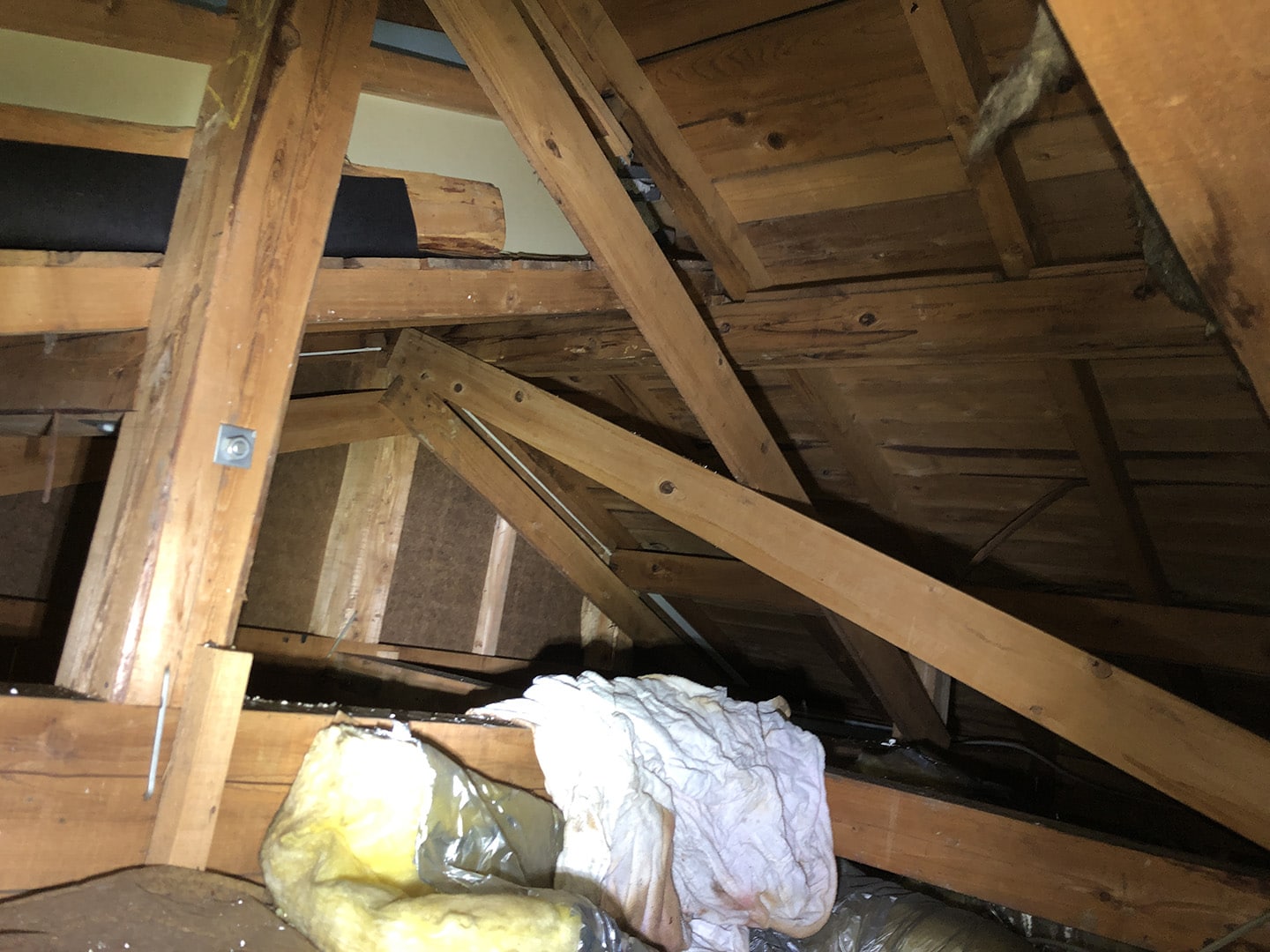 瓦屋根の雨漏り、部分修理工事の事例　工事前　屋根裏雨漏り箇所確認